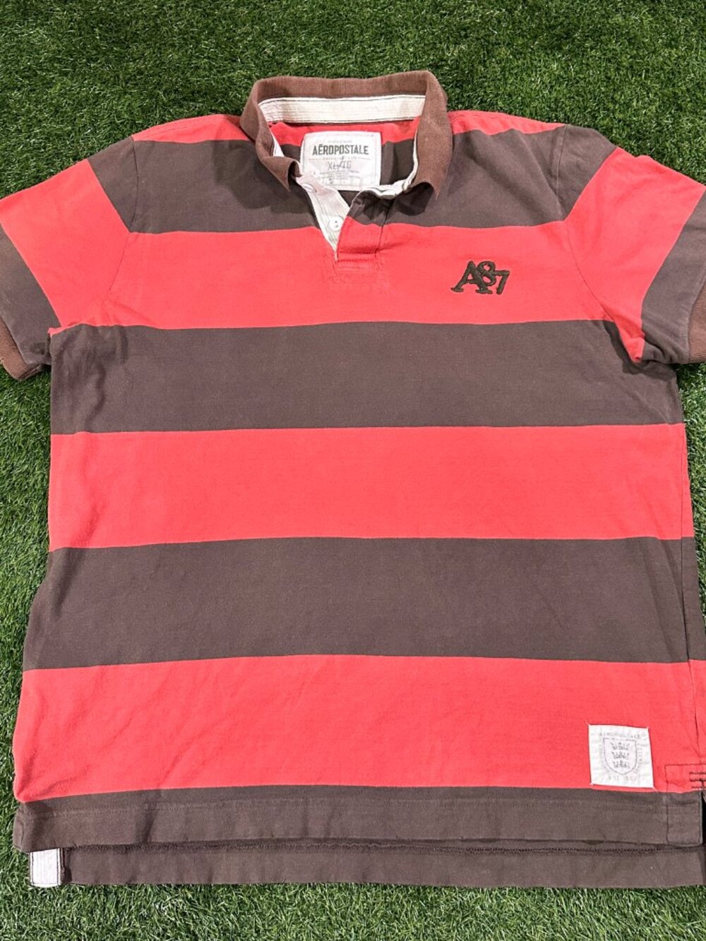 Vintage Aeropostale A87 Striped Rugby Polo Shirt XL Brown Red Distressed Y2K